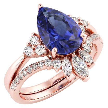 Natural Earth Mined Diamond Wedding Ring Set Blue Sapphire Marquise & Round 4 Carats