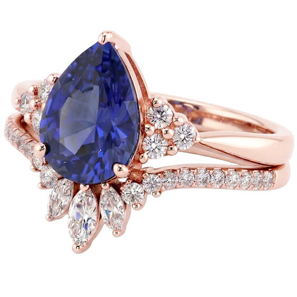 Natural Earth Mined Diamond Wedding Ring Set Blue Sapphire Marquise & Round 4 Carats