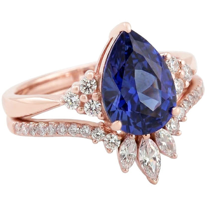 Natural Earth Mined Diamond Wedding Ring Set Blue Sapphire Marquise & Round 4 Carats