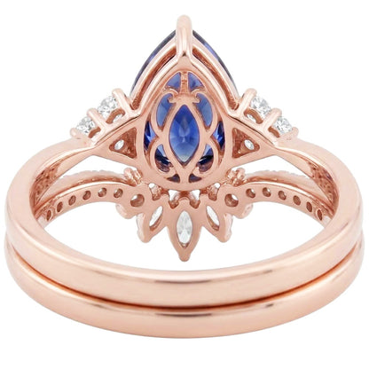 Natural Earth Mined Diamond Wedding Ring Set Blue Sapphire Marquise & Round 4 Carats