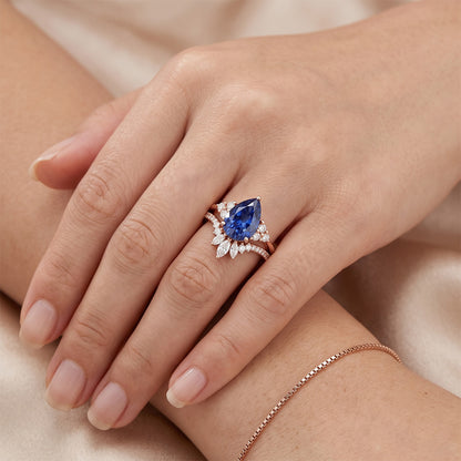Natural Earth Mined Diamond Wedding Ring Set Blue Sapphire Marquise & Round 4 Carats