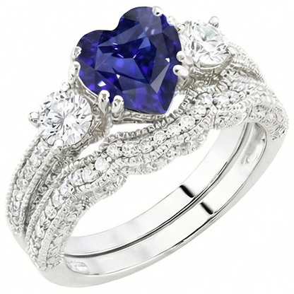 Natural Earth Mined Diamond Wedding Ring Set Heart Blue Sapphire Antique Style 3.50 Carats
