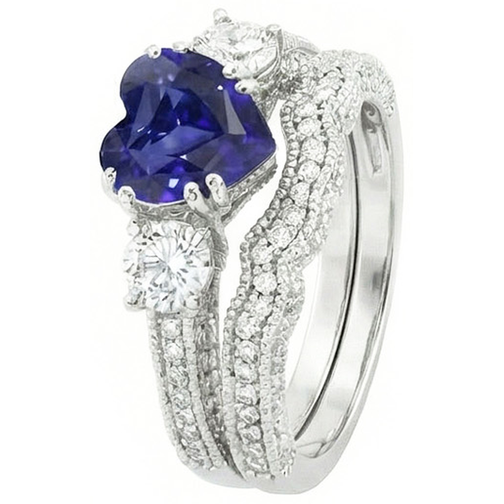 Natural Earth Mined Diamond Wedding Ring Set Heart Blue Sapphire Antique Style 3.50 Carats