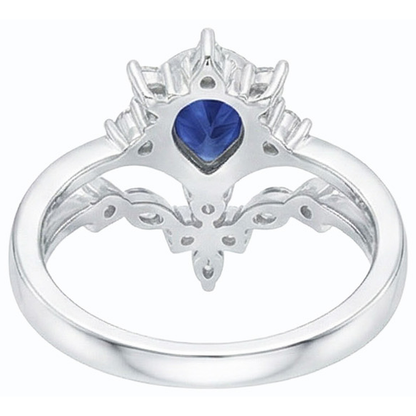 Natural Earth Mined Diamond Wedding Ring Set Pear Ceylon Sapphire 3 Carats Crown Style
