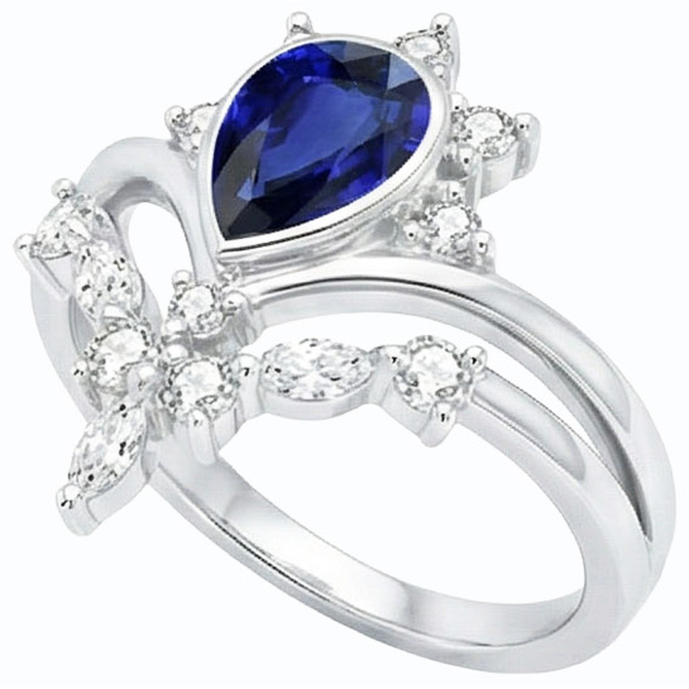 Natural Earth Mined Diamond Wedding Ring Set Pear Ceylon Sapphire 3 Carats Crown Style