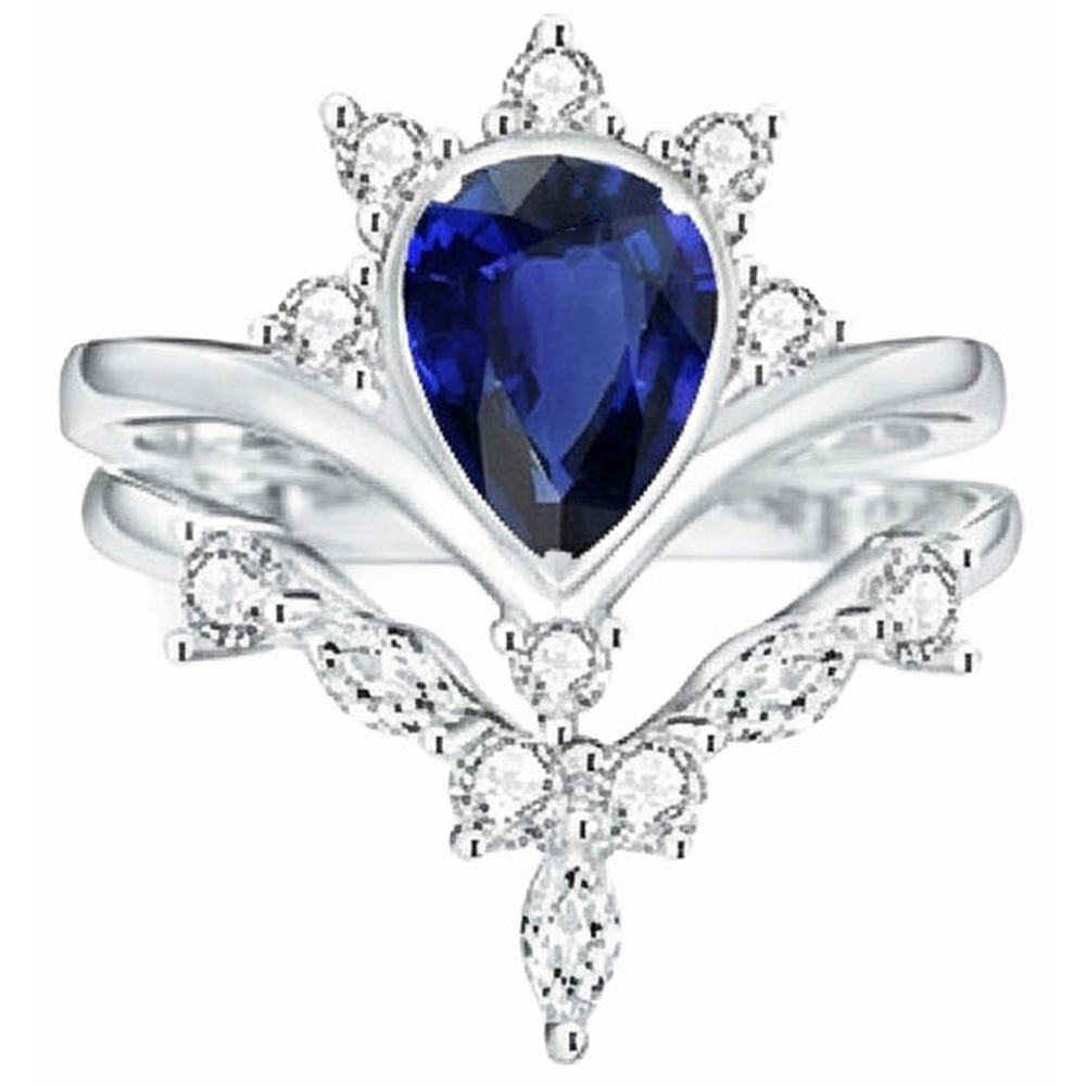 Natural Earth Mined Diamond Wedding Ring Set Pear Ceylon Sapphire 3 Carats Crown Style