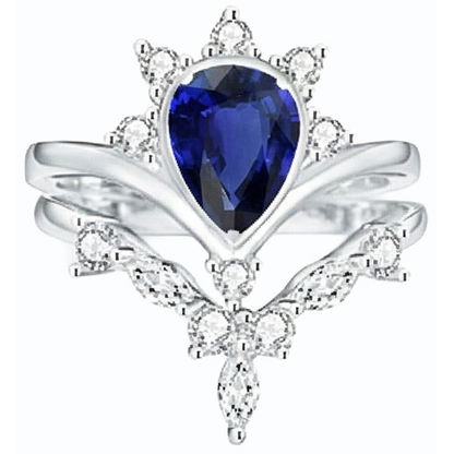 Natural Earth Mined Diamond Wedding Ring Set Pear Ceylon Sapphire 3 Carats Crown Style