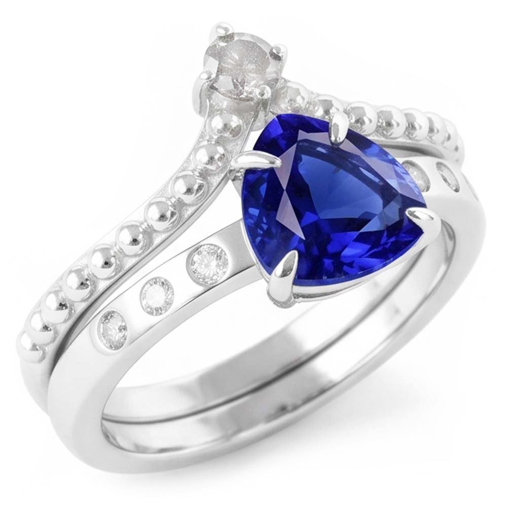 Natural Earth Mined Diamond Wedding Ring Set Trillion Blue Sapphire 2 Carats