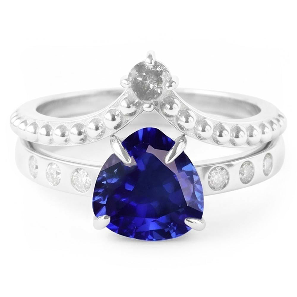Natural Earth Mined Diamond Wedding Ring Set Trillion Blue Sapphire 2 Carats