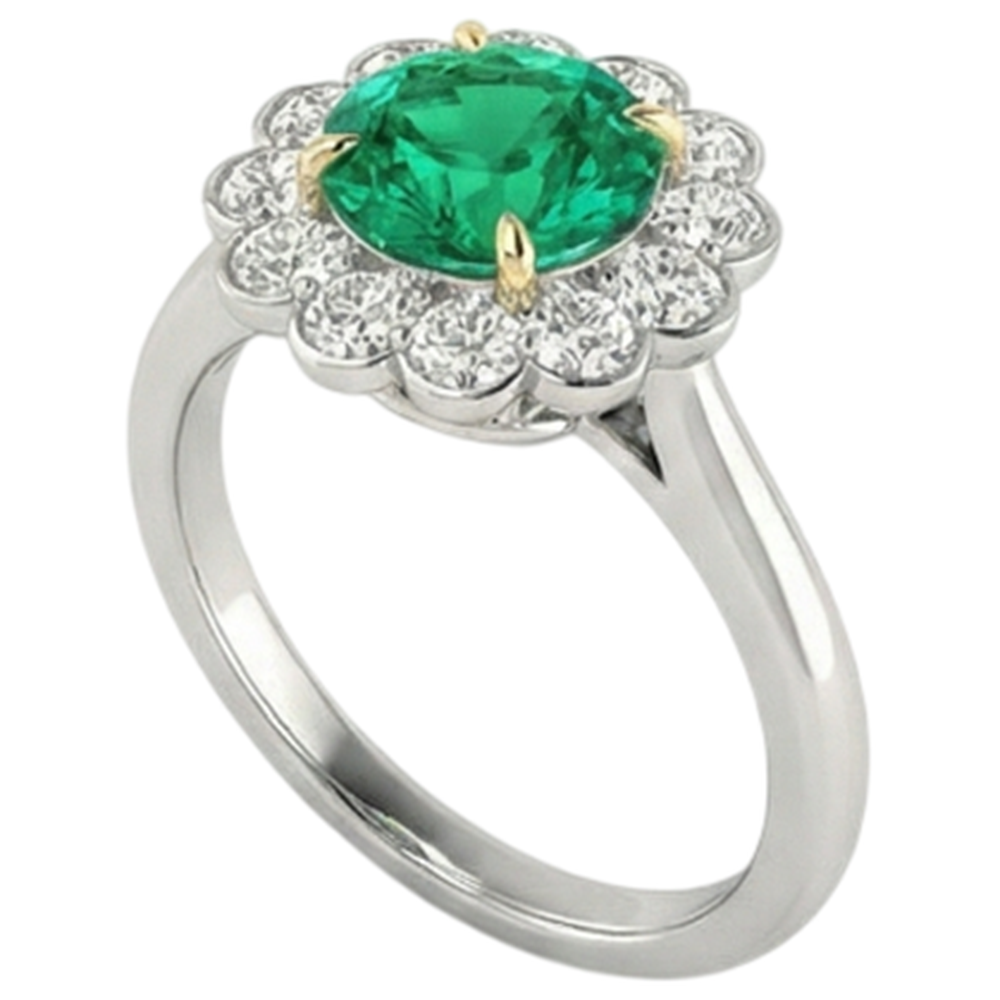 Natural Gemstone Ring Halo Green Emerald GIA Round Diamonds