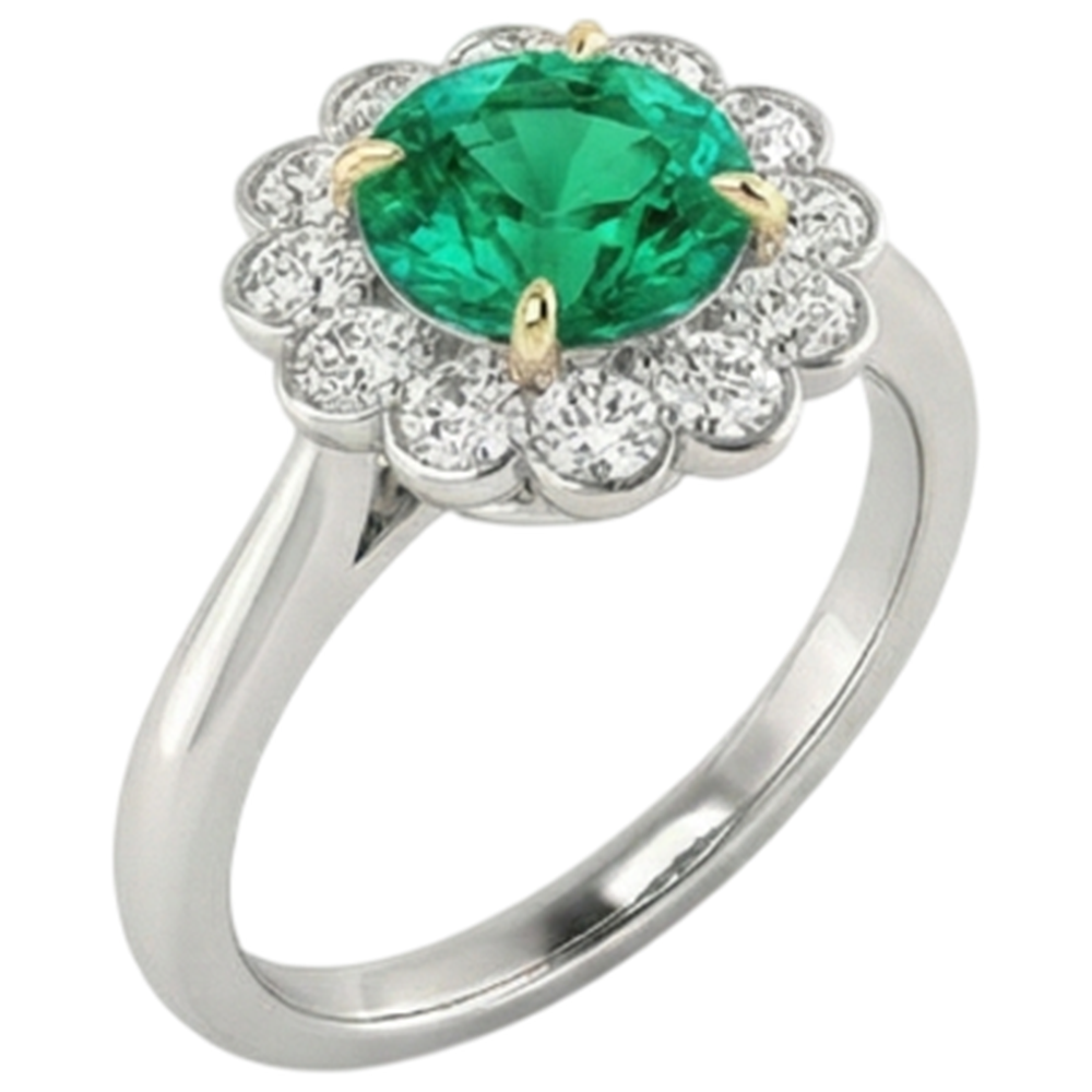 Natural Gemstone Ring Halo Green Emerald GIA Round Diamonds