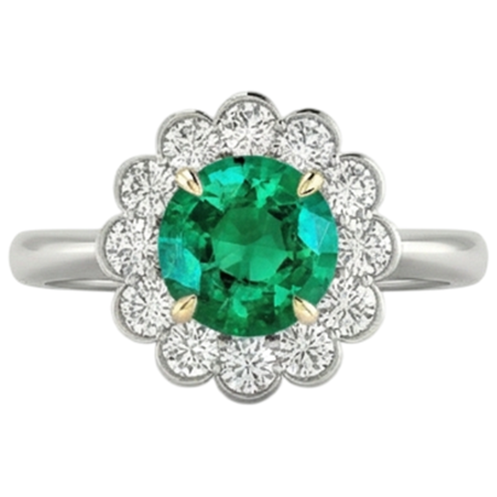Natural Gemstone Ring Halo Green Emerald GIA Round Diamonds