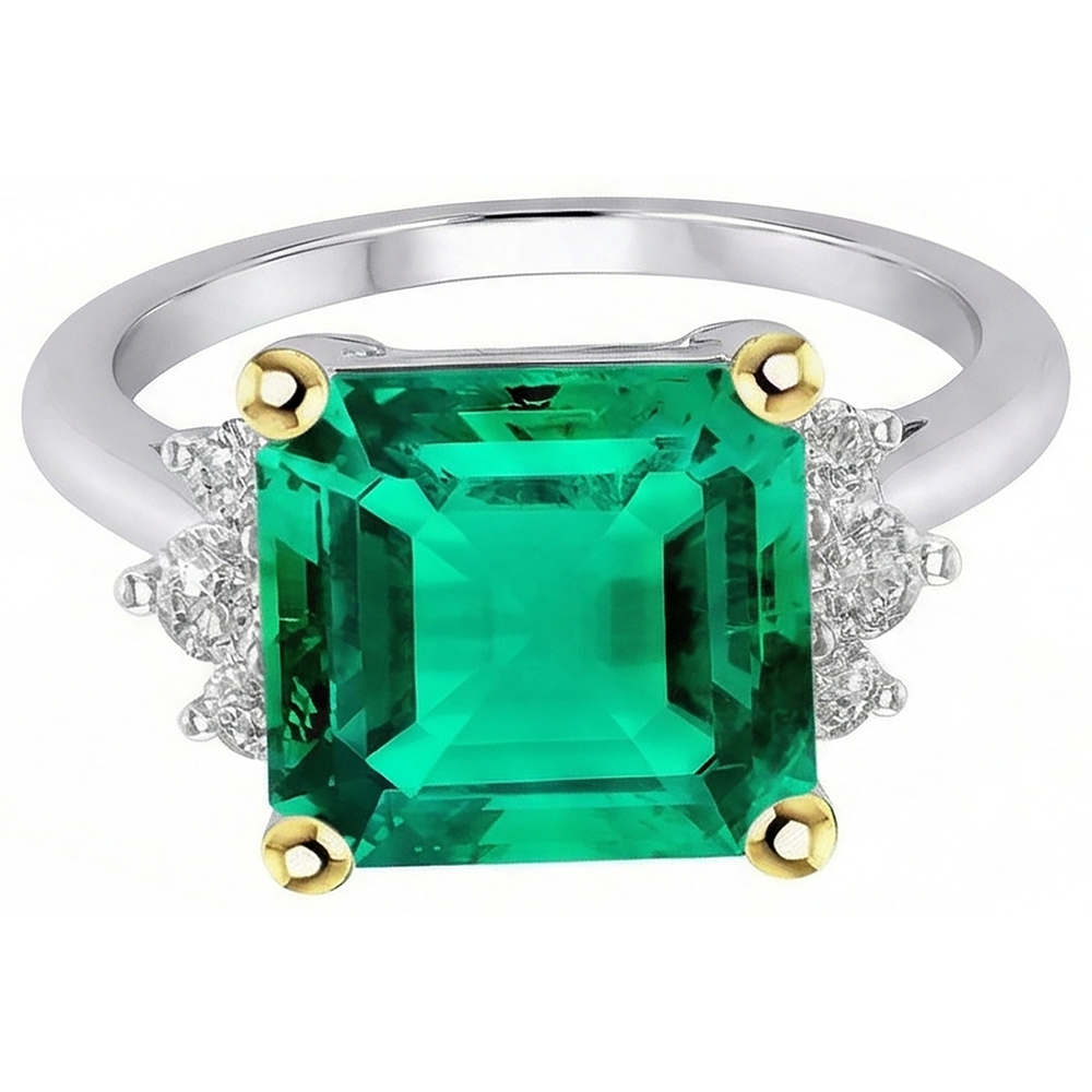 Natural Green Emerald GIA And Diamond Ring 14K Gold Jewelry