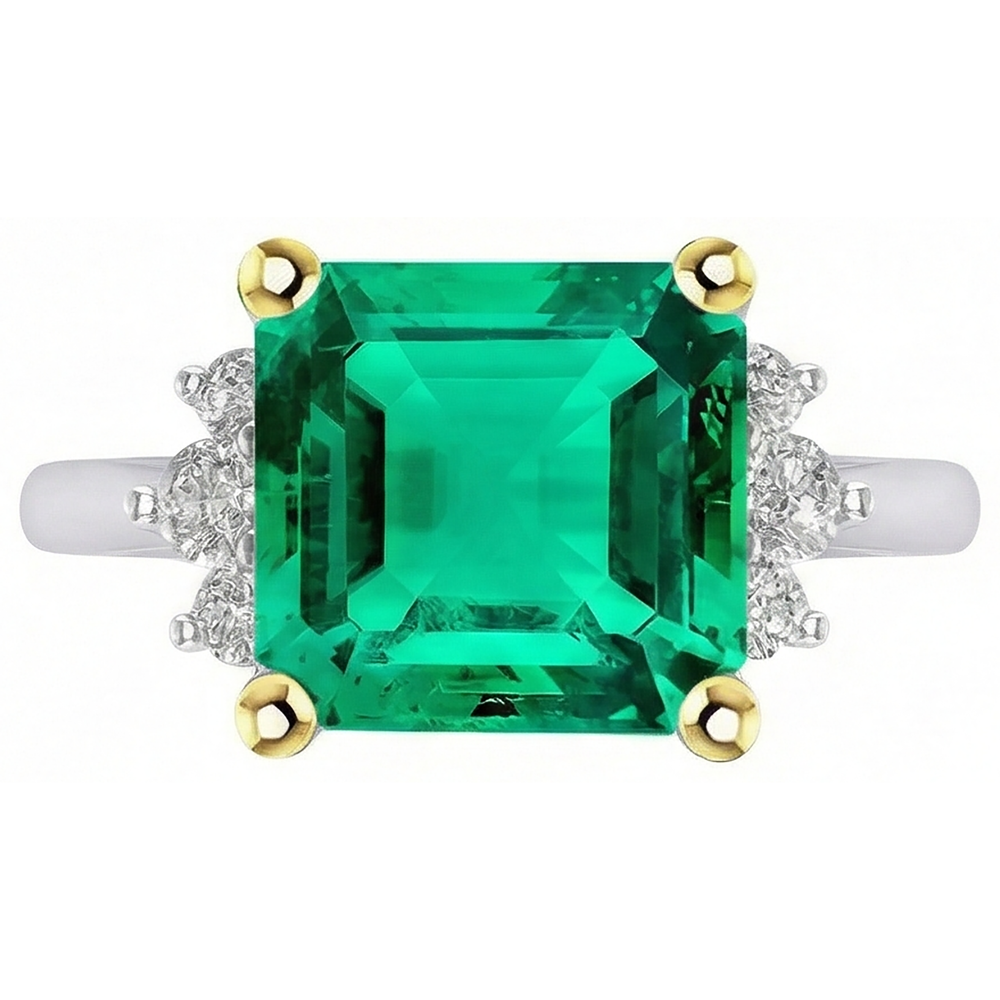 Natural Green Emerald GIA And Diamond Ring 14K Gold Jewelry