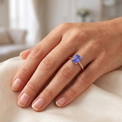 Natural Real ( Not Lab Grown )  1.50 Carats Classic Solitaire Ring Emerald Blue Sapphire Rose Gold 14K