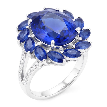 Natural Real ( Not Lab Grown )  10.50 Carats Oval And Marquise Sri Lankan Sapphire Ring White Gold 14K