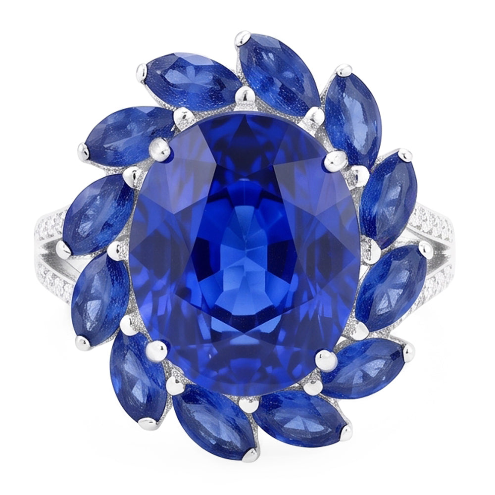 Natural Real ( Not Lab Grown )  10.50 Carats Oval And Marquise Sri Lankan Sapphire Ring White Gold 14K