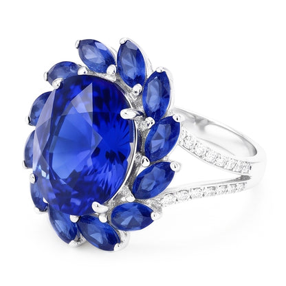 Natural Real ( Not Lab Grown )  10.50 Carats Oval And Marquise Sri Lankan Sapphire Ring White Gold 14K