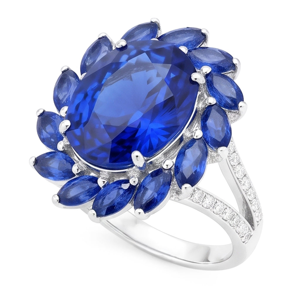 Natural Real ( Not Lab Grown )  10.50 Carats Oval And Marquise Sri Lankan Sapphire Ring White Gold 14K