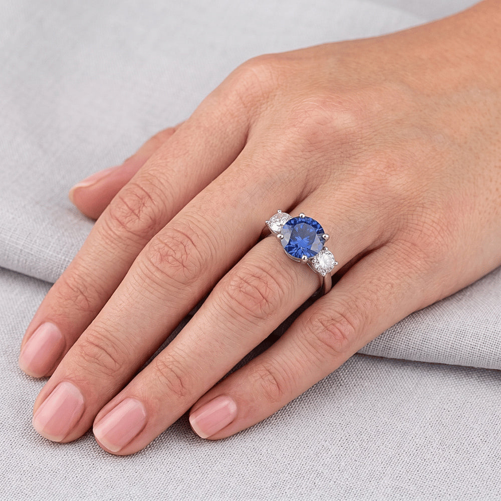 Natural Real ( Not Lab Grown )  14K Gold Three Stone Engagement Ring Round Ceylon Sapphire 2.50 Carats
