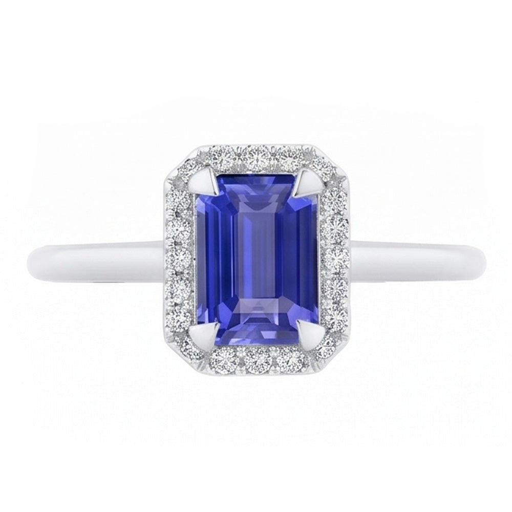 Natural Real ( Not Lab Grown )  2 Carat Emerald Cut Sapphire Halo Ring