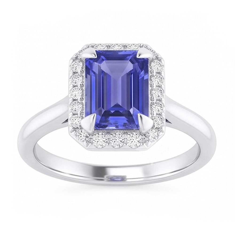Natural Real ( Not Lab Grown )  2 Carat Emerald Cut Sapphire Halo Ring