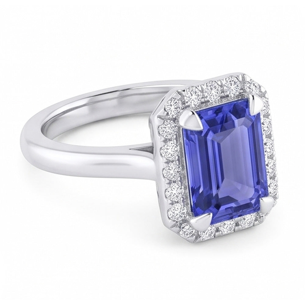 Natural Real ( Not Lab Grown )  2 Carat Emerald Cut Sapphire Halo Ring