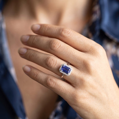 Natural Real ( Not Lab Grown )  2 Carat Emerald Cut Sapphire Halo Ring