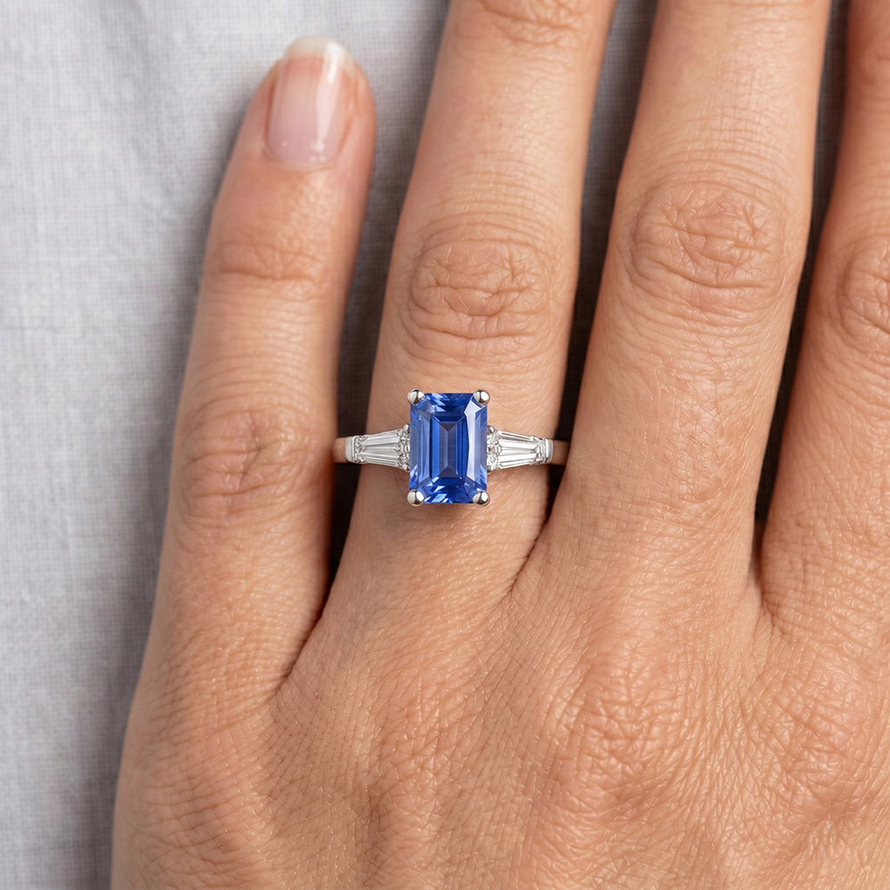 Natural Real ( Not Lab Grown )  2 Carats Womens Jewelry Blue Sapphire Ring Tapered Baguette 3 Stone