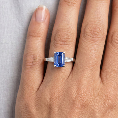 Natural Real ( Not Lab Grown )  2 Carats Womens Jewelry Blue Sapphire Ring Tapered Baguette 3 Stone