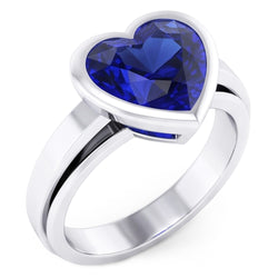 Natural Real ( Not Lab Grown )  3 Carats Blue Sapphire Solitaire Ring Heart Shaped Bezel Set Gold 14K
