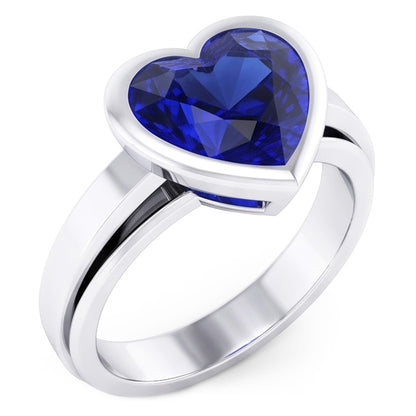 Natural Real ( Not Lab Grown )  3 Carats Blue Sapphire Solitaire Ring Heart Shaped Bezel Set Gold 14K