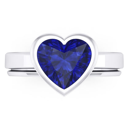 Natural Real ( Not Lab Grown )  3 Carats Blue Sapphire Solitaire Ring Heart Shaped Bezel Set Gold 14K