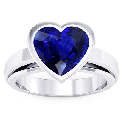 Natural Real ( Not Lab Grown )  3 Carats Blue Sapphire Solitaire Ring Heart Shaped Bezel Set Gold 14K