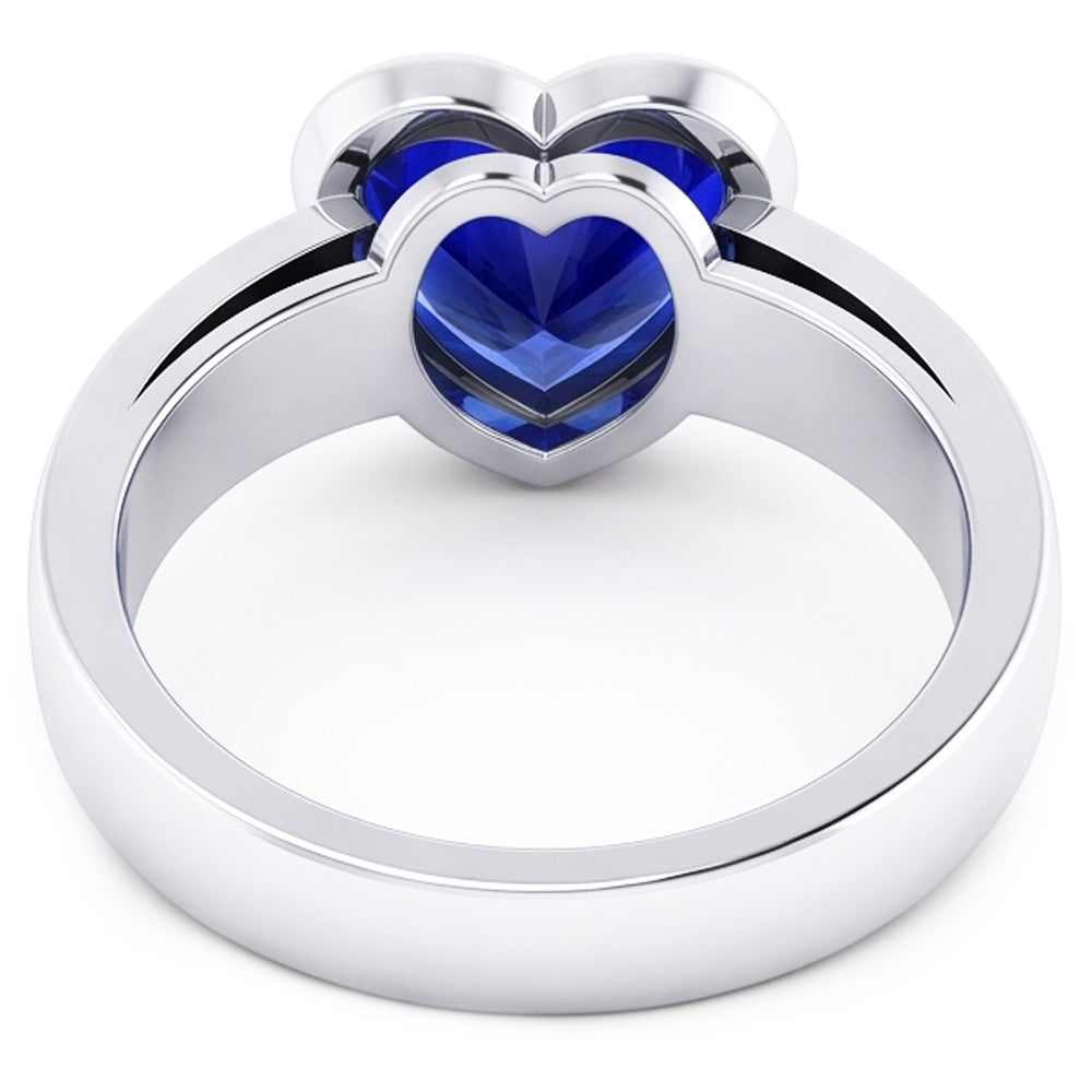 Natural Real ( Not Lab Grown )  3 Carats Blue Sapphire Solitaire Ring Heart Shaped Bezel Set Gold 14K
