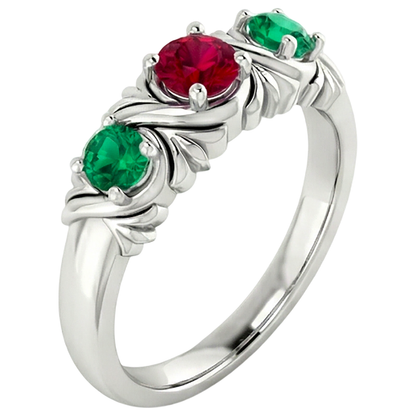 Natural Real ( Not Lab Grown )  3 Stone Ring 0.60 Carats Antique Style Ruby & Emerald