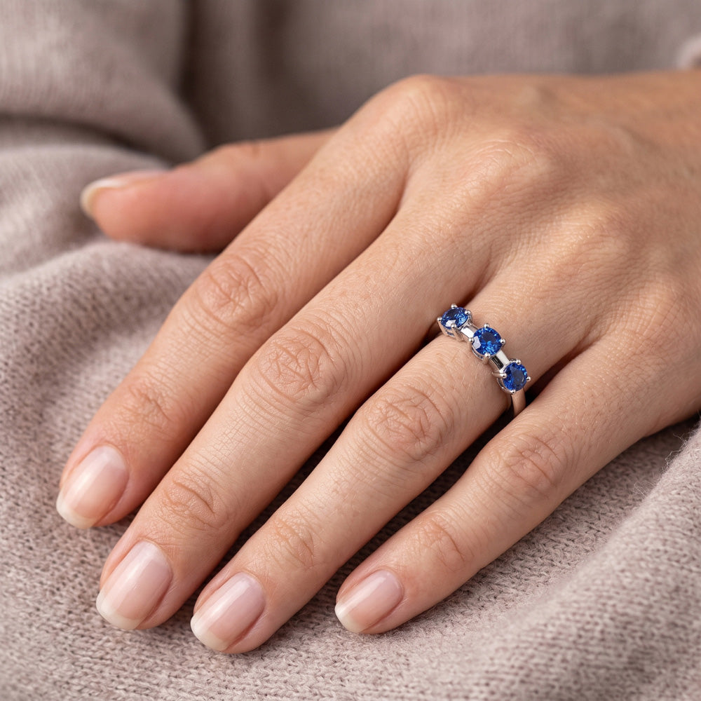 Natural Real ( Not Lab Grown )  3 Stone Ring Anniversary 0.90 Carats Ceylon Sapphire Jewelry New