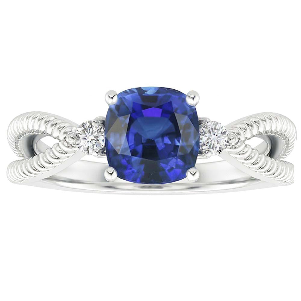 Natural Real ( Not Lab Grown )  3 Stone Ring Cushion Blue Sapphire Rope Style 2.25 Carats Split Shank