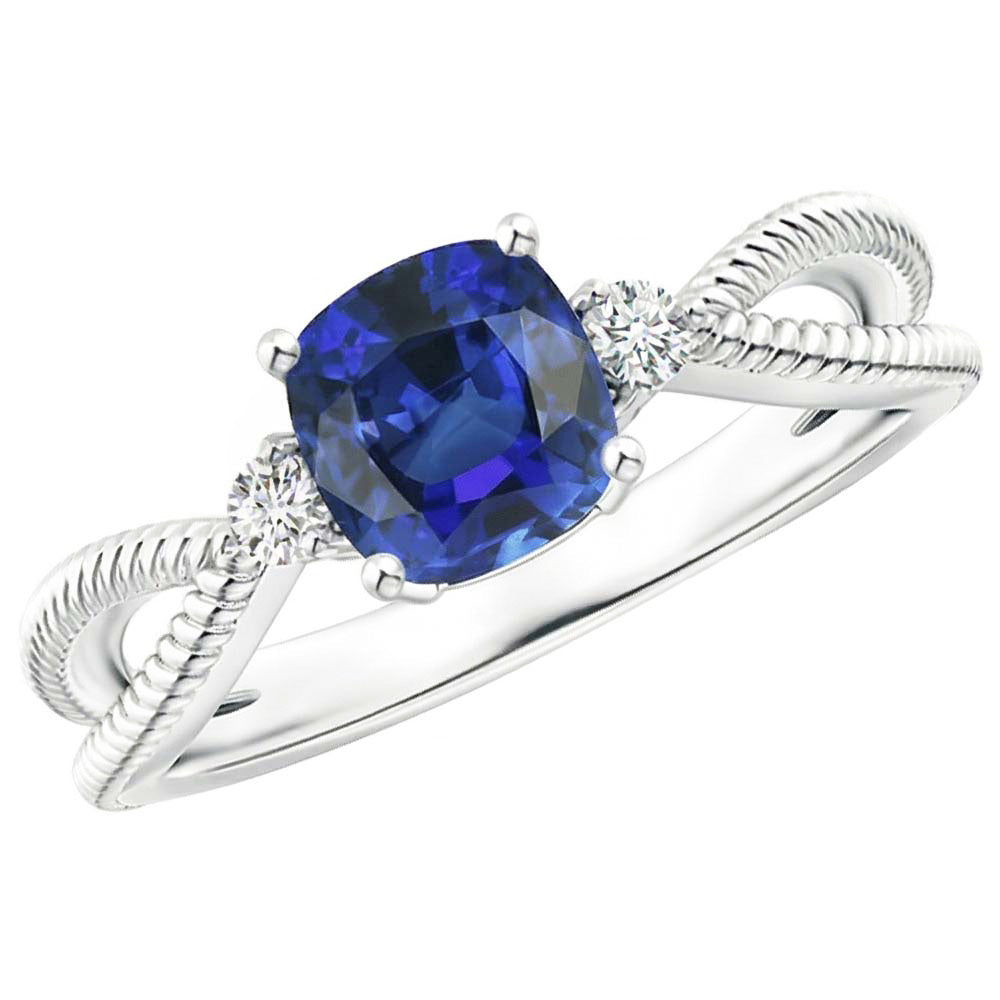 Natural Real ( Not Lab Grown )  3 Stone Ring Cushion Blue Sapphire Rope Style 2.25 Carats Split Shank