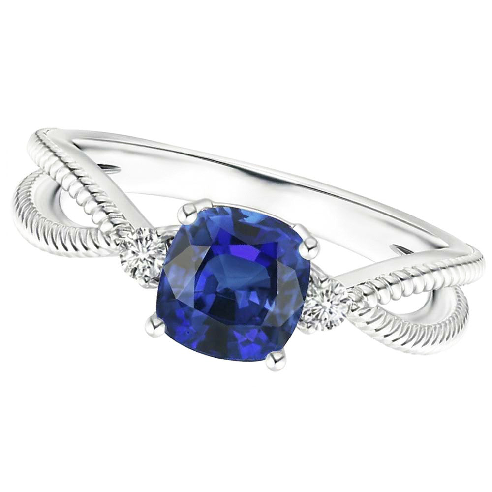 Natural Real ( Not Lab Grown )  3 Stone Ring Cushion Blue Sapphire Rope Style 2.25 Carats Split Shank