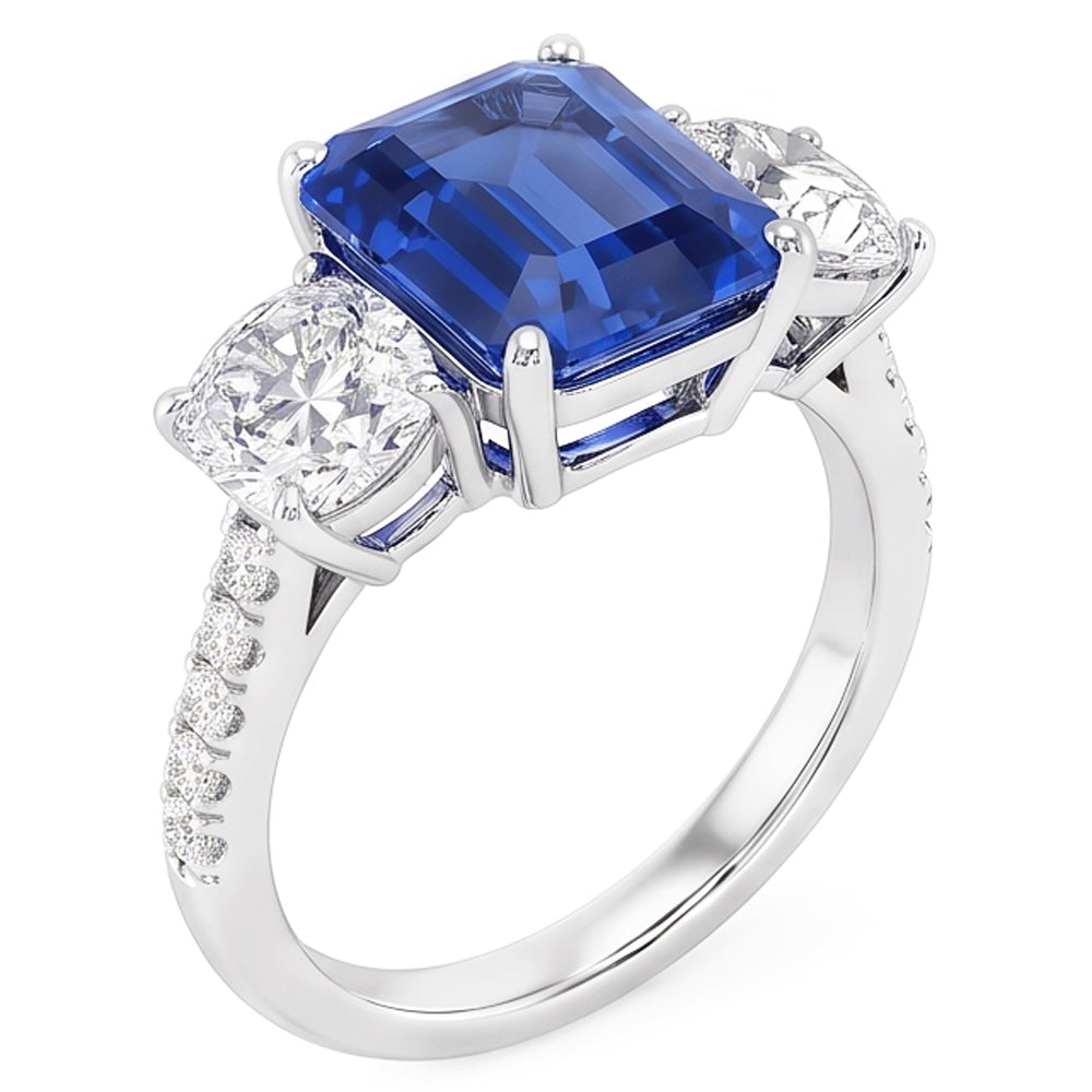 Natural Real ( Not Lab Grown )  3 Stone Style Emerald Blue Sapphire Ring With Accents Gold 2.50 Carats