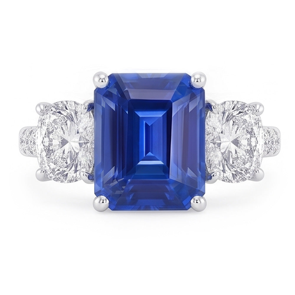 Natural Real ( Not Lab Grown )  3 Stone Style Emerald Blue Sapphire Ring With Accents Gold 2.50 Carats