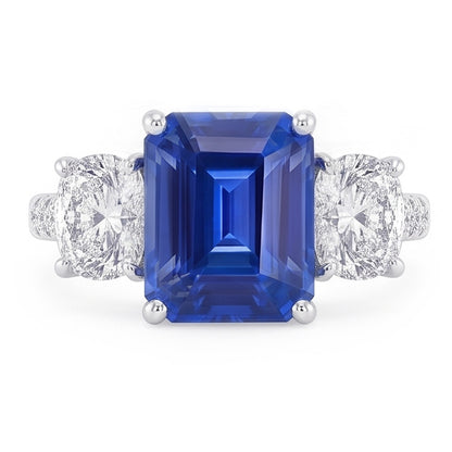 Natural Real ( Not Lab Grown )  3 Stone Style Emerald Blue Sapphire Ring With Accents Gold 2.50 Carats