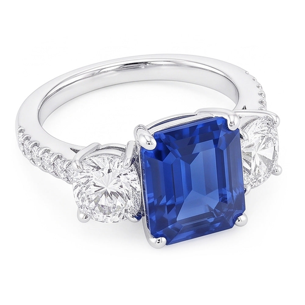 Natural Real ( Not Lab Grown )  3 Stone Style Emerald Blue Sapphire Ring With Accents Gold 2.50 Carats