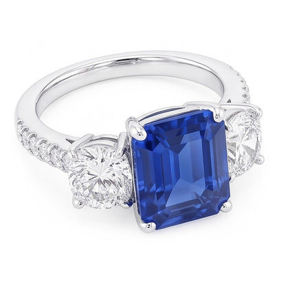 Natural Real ( Not Lab Grown )  3 Stone Style Emerald Blue Sapphire Ring With Accents Gold 2.50 Carats