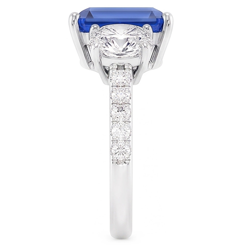Natural Real ( Not Lab Grown )  3 Stone Style Emerald Blue Sapphire Ring With Accents Gold 2.50 Carats