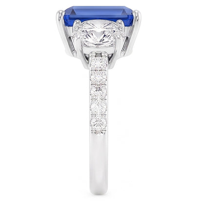 Natural Real ( Not Lab Grown )  3 Stone Style Emerald Blue Sapphire Ring With Accents Gold 2.50 Carats