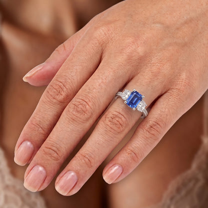 Natural Real ( Not Lab Grown )  3 Stone Style Emerald Blue Sapphire Ring With Accents Gold 2.50 Carats