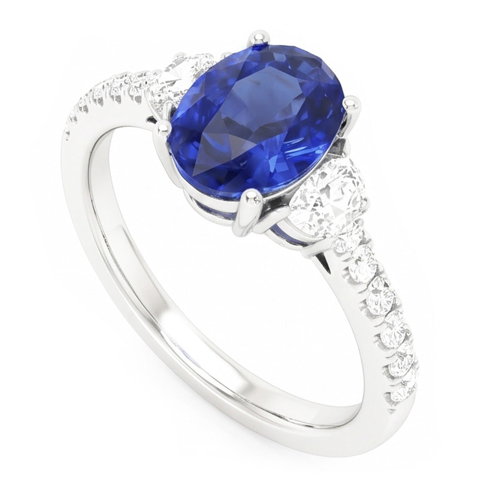 Natural Real ( Not Lab Grown )  3 Stone Style Ring Oval Blue Sapphire 6.75 Carats Genuine White Gold