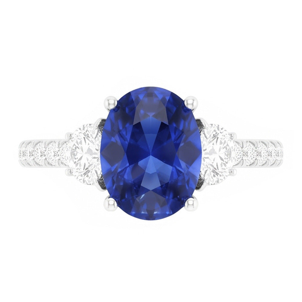 Natural Real ( Not Lab Grown )  3 Stone Style Ring Oval Blue Sapphire 6.75 Carats Genuine White Gold